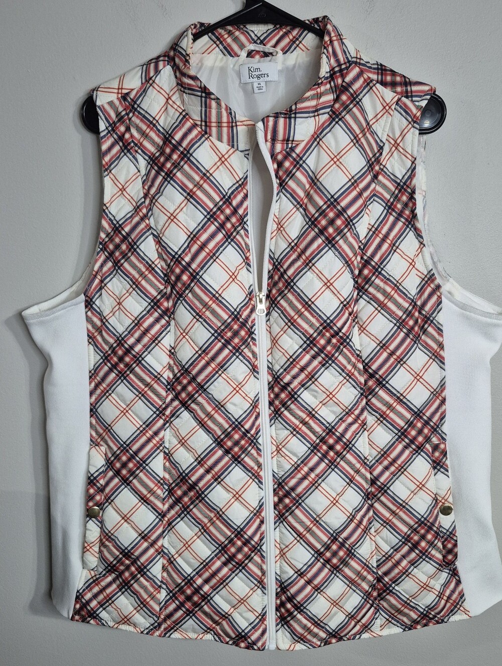 Kim Rogers White Plaid Quilted Vest with Red & Navy Accents XL